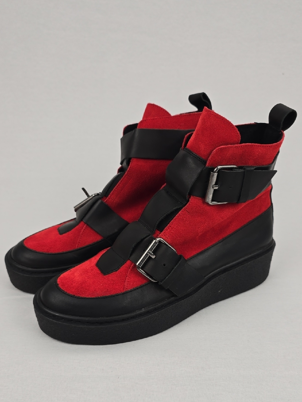 Free People Red Suede & Black Buckle Platform Boots